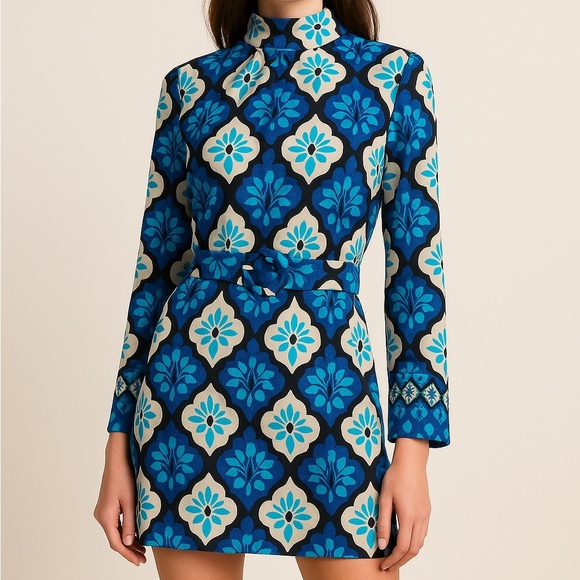 Zara Retro Belted Mini Dress XS NWT Blue 60s 70s Mod Print Long Sleeve High Neck - Picture 12 of 12